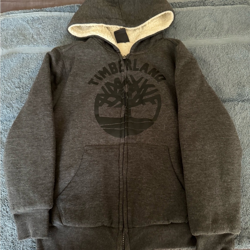 Timberland Gray Zip-Up Hoodie Jacket with Ribbed Cuffs